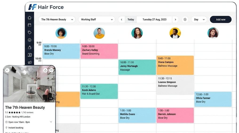 Hair Force business dashboard and mobile booking preview